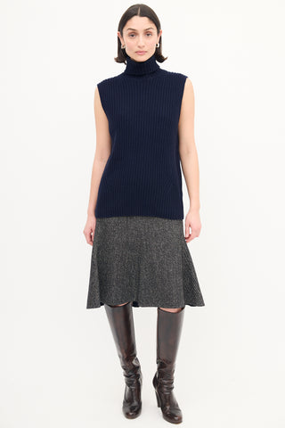 Dries Van Noten Navy Wool Ribbed Knit Turtleneck Vest