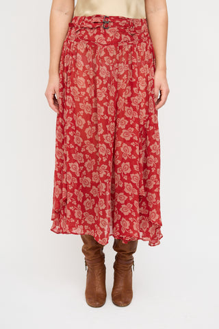 Dries Van Noten Red 
Beige Silk Floral Midi Skirt