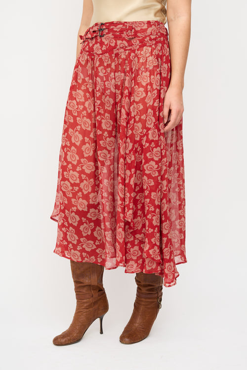 Dries Van Noten Red 
Beige Silk Floral Midi Skirt