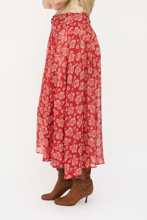 Dries Van Noten Red 
Beige Silk Floral Midi Skirt