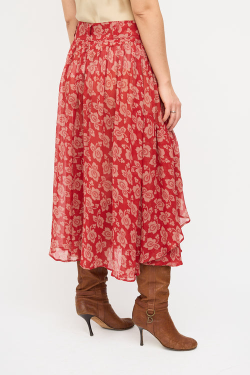 Dries Van Noten Red 
Beige Silk Floral Midi Skirt