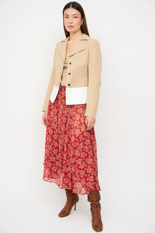 Dries Van Noten Red 
Beige Silk Floral Midi Skirt