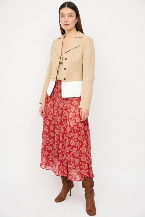 Dries Van Noten Red 
Beige Silk Floral Midi Skirt