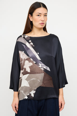 Dries Van Noten Black 
Multi Silk Floral Blouse