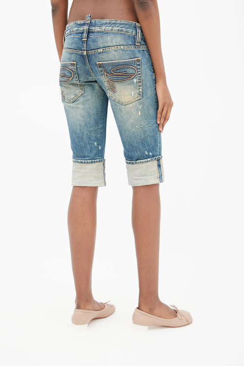 DSquared2 Blue Distressed Cuffed Denim Capri