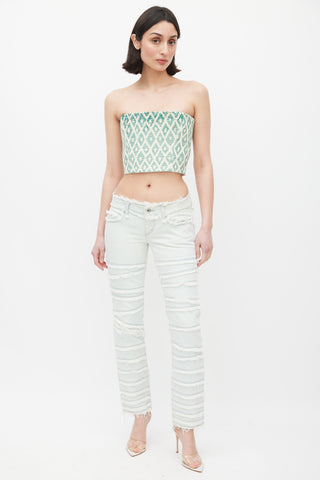 DSquared2 Green 
Cream Woven Embellished Bustier Top