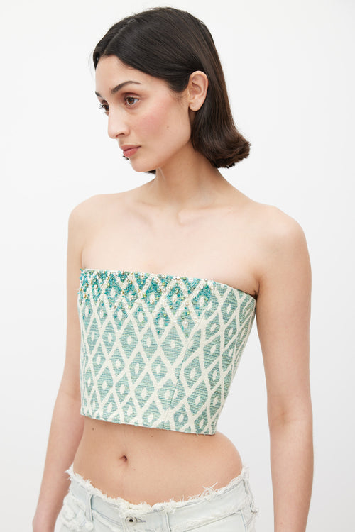 DSquared2 Green 
Cream Woven Embellished Bustier Top