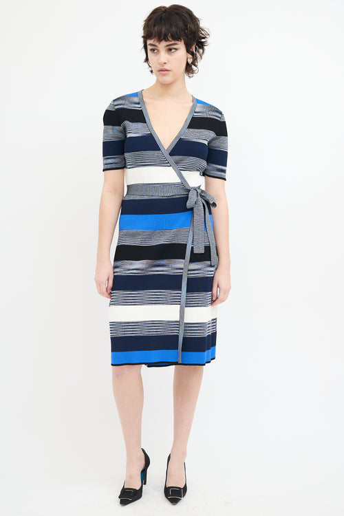 Diane von Furstenberg Blue 
Multi Knit Stripe Midi Wrap Dress