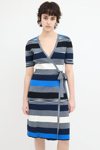 Diane von Furstenberg Blue 
Multi Knit Stripe Midi Wrap Dress