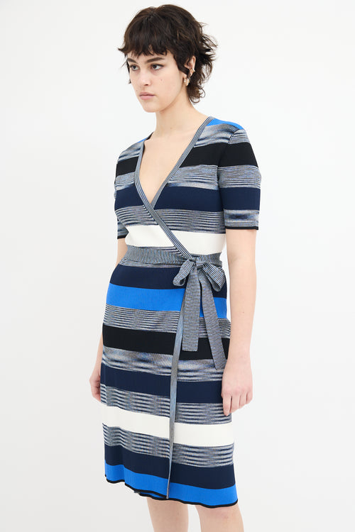 Diane von Furstenberg Blue 
Multi Knit Stripe Midi Wrap Dress