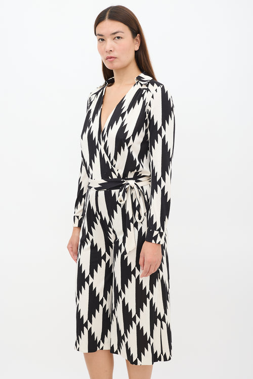 Black 
Cream Silk Abstract Wrap Jumpsuit