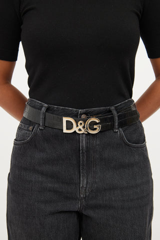 Dolce 
Gabbana Black Embossed Silver Logo Belt