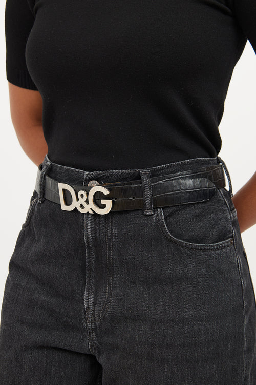 Dolce 
Gabbana Black Embossed Silver Logo Belt