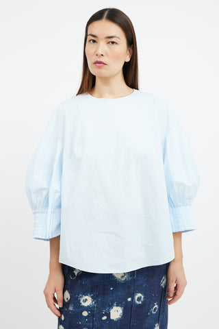 Delpozo Blue Poplin Pleated Sleeve Top