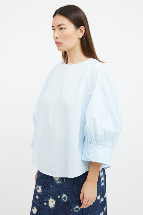 Delpozo Blue Poplin Pleated Sleeve Top