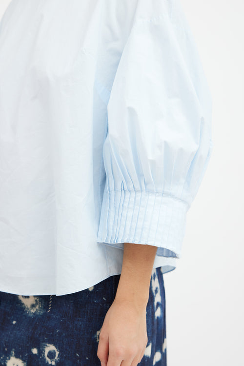 Delpozo Blue Poplin Pleated Sleeve Top