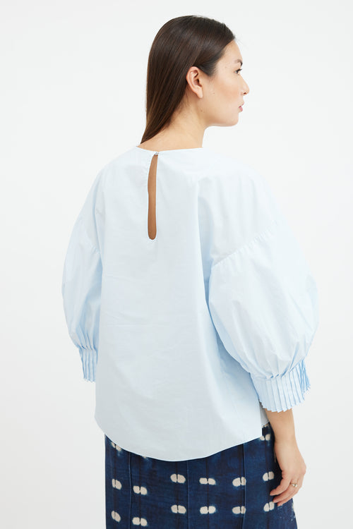 Delpozo Blue Poplin Pleated Sleeve Top