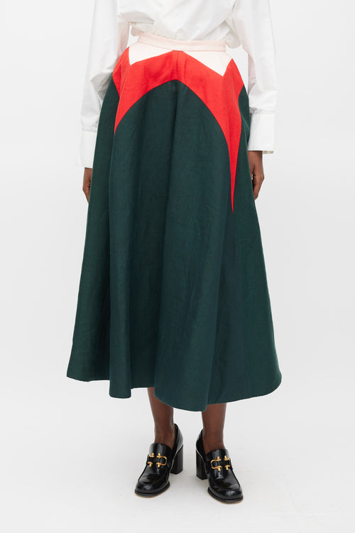 Delpozo SS 2015 Green Red 
Pink lLinen A-Line Skirt