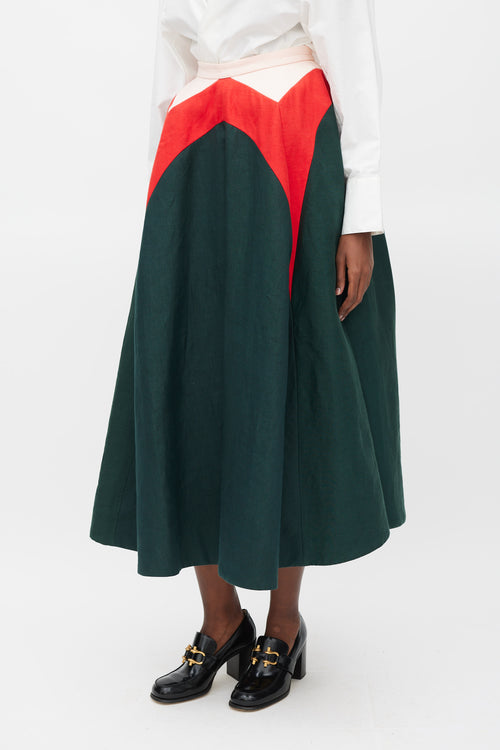 Delpozo SS 2015 Green Red 
Pink lLinen A-Line Skirt