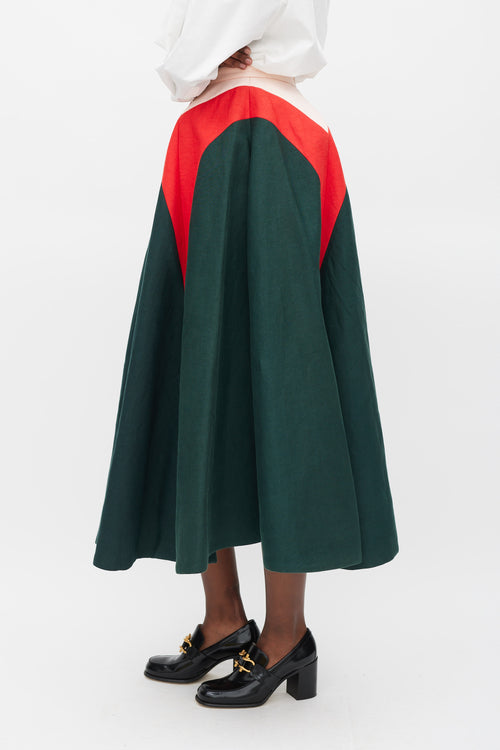 Delpozo SS 2015 Green Red 
Pink lLinen A-Line Skirt