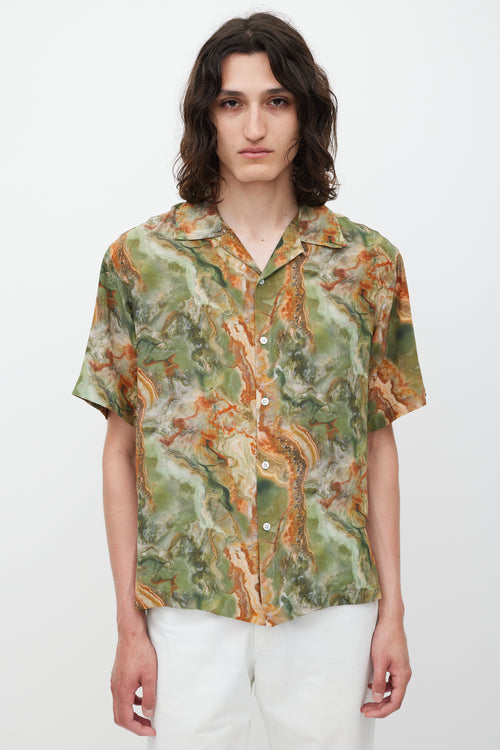 Deveaux Green 
Brown Silk Marble Printed Shirt