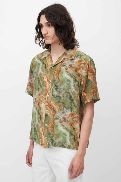 Deveaux Green 
Brown Silk Marble Printed Shirt