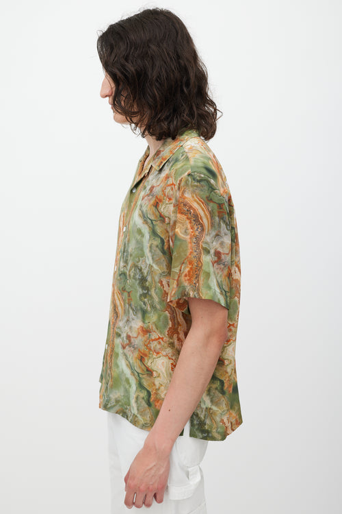 Deveaux Green 
Brown Silk Marble Printed Shirt