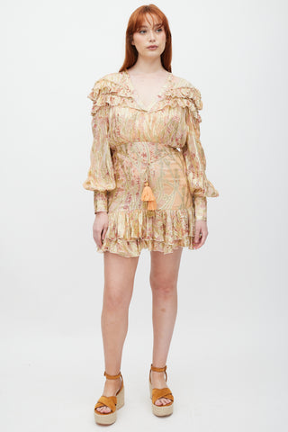 Diamond For Eden Pink 
Gold Metallic Floral Ruffled Dress