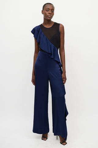 Diane von Furstenberg Navy Silk 
Black Sheer Jumpsuit