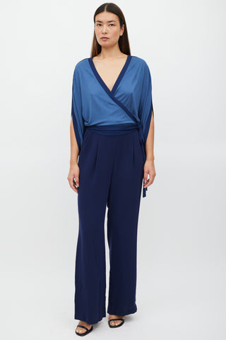 Diane von Furstenberg Navy Two Tone Wrap Jumpsuit