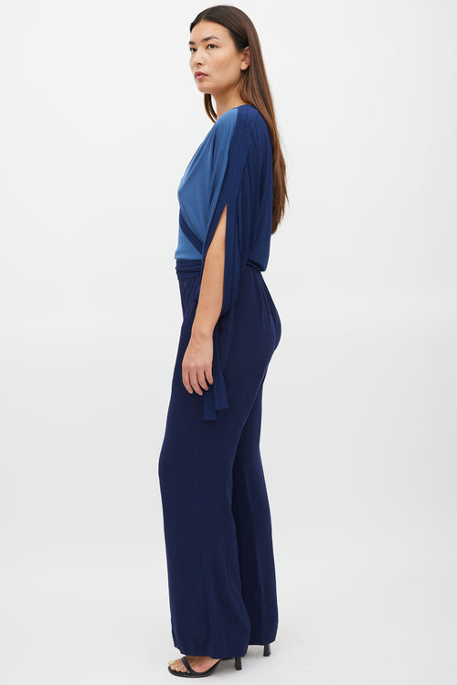 Diane von Furstenberg Navy Two Tone Wrap Jumpsuit