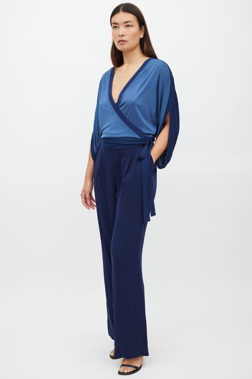 Diane von Furstenberg Navy Two Tone Wrap Jumpsuit