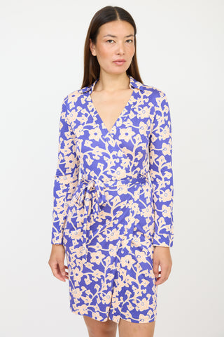 Diane von Furstenberg Blue 
Pink Silk Floral Wrap Dress