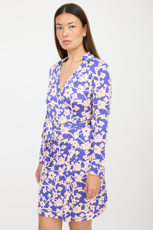 Diane von Furstenberg Blue 
Pink Silk Floral Wrap Dress