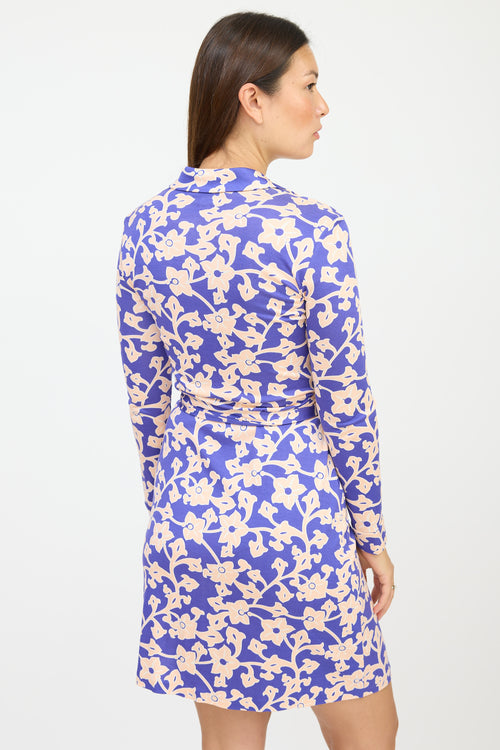 Diane von Furstenberg Blue 
Pink Silk Floral Wrap Dress