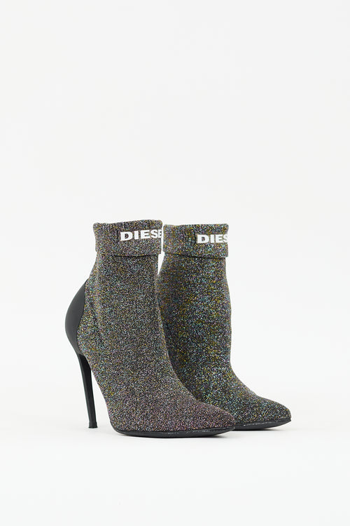 Diesel Black 
Multi Sparkle D-Slanty Sock Knit Boot