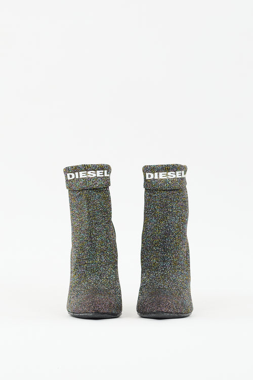 Diesel Black 
Multi Sparkle D-Slanty Sock Knit Boot