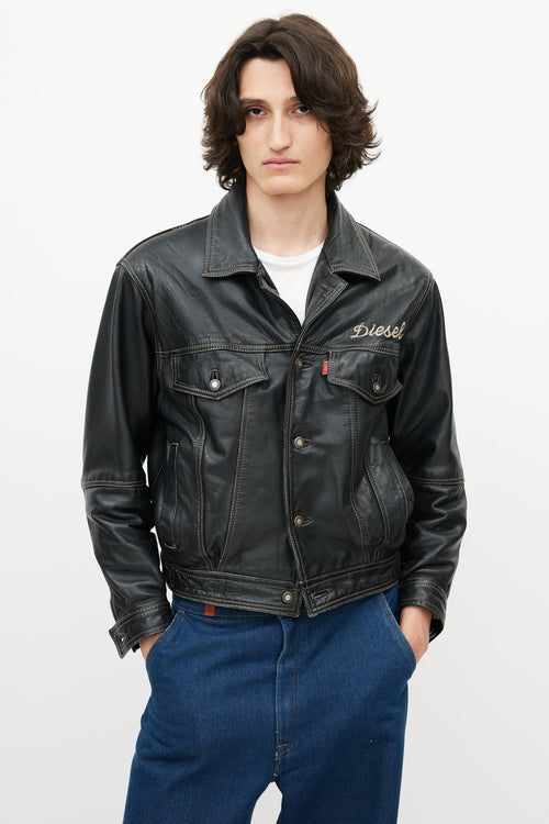 Diesel Black 
Multicolour Embroidered Logo Leather Jacket