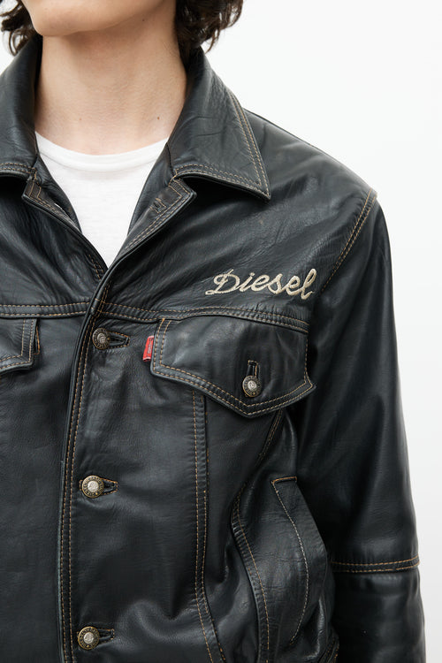 Diesel Black 
Multicolour Embroidered Logo Leather Jacket