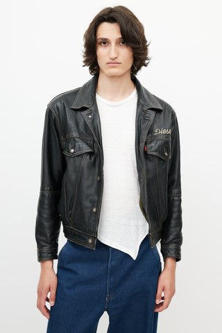 Diesel Black 
Multicolour Embroidered Logo Leather Jacket