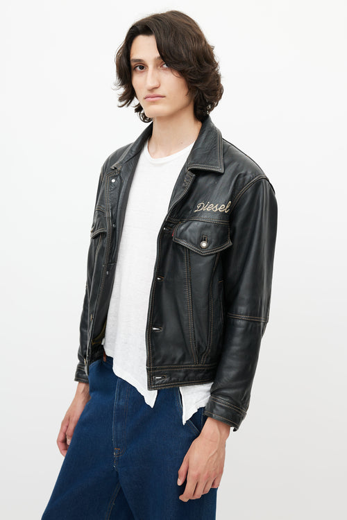 Diesel Black 
Multicolour Embroidered Logo Leather Jacket