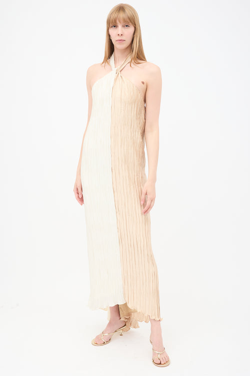 Dima Ayad Cream 
Beige Satin Pleated Half 
Half Maxi Dress