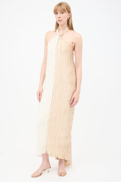 Dima Ayad Cream 
Beige Satin Pleated Half 
Half Maxi Dress