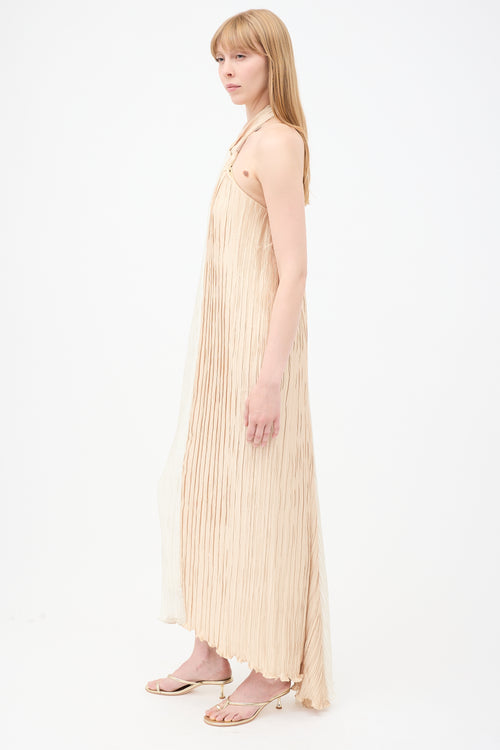 Dima Ayad Cream 
Beige Satin Pleated Half 
Half Maxi Dress