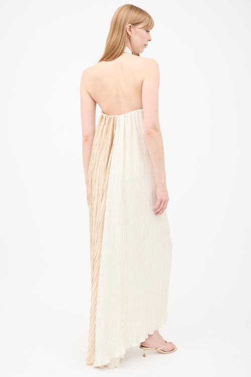 Dima Ayad Cream 
Beige Satin Pleated Half 
Half Maxi Dress