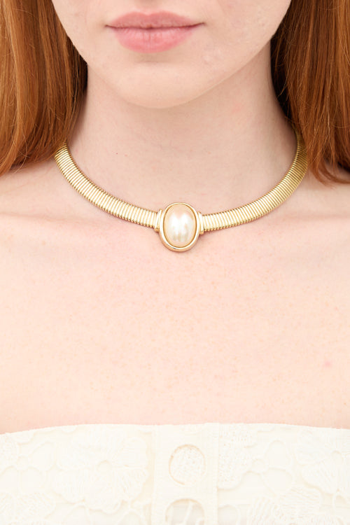 Dior 1980s Gold Plated Oval Pearl Omega Necklace