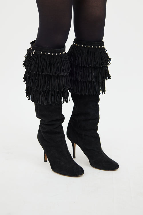 Black Suede Stud 
Fringe Boot