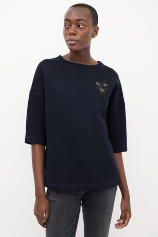 Dior Navy Neoprene Embellished Short Sleeve Top