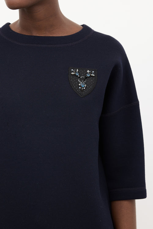 Dior Navy Neoprene Embellished Short Sleeve Top