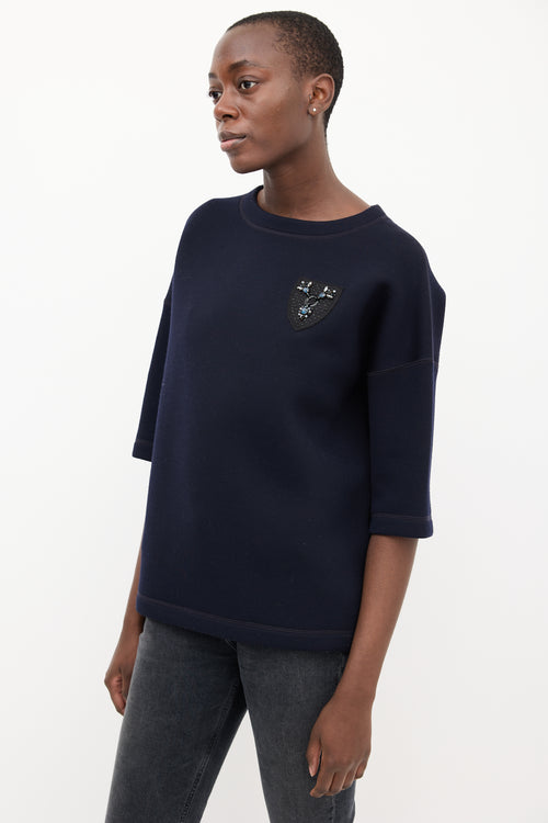 Dior Navy Neoprene Embellished Short Sleeve Top